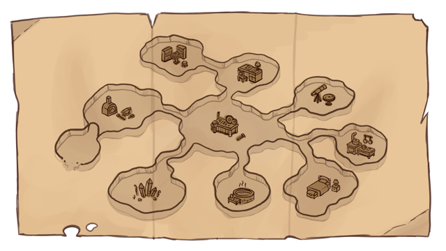 Blueprint map of the dwarven home showing interconnected rooms