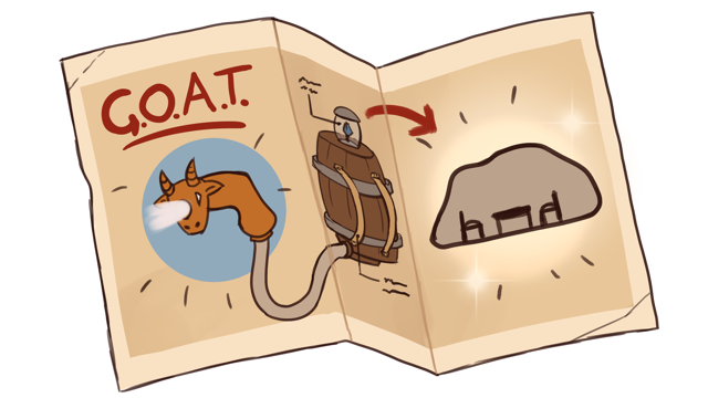 Comic instructions: a goat becomes the G.O.A.T. tool that carves out the dwarven home