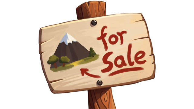 Illustrated sign reading "For Sale" in front of a painted mountain